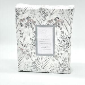Rachel Ashwell Dandelion Wildflowers QUEEN Sheet Set Blush Gray White Cotton NEW